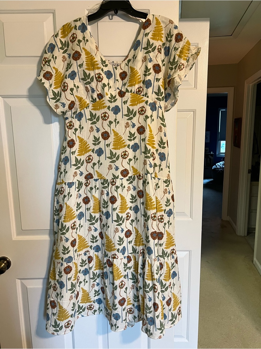 Hayden Cream Floral Midi Dress with Mustard & Blue Accents